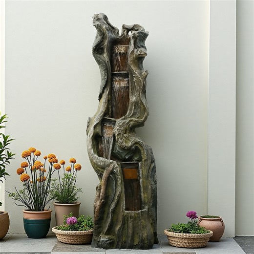 78.8" Tall Outdoor Garden Water Fountain with LED Lights, Tree Trunk Cascading Waterfall Feature, Resin Yard Decoration with Pump, Natural Look, 66.2 lbs