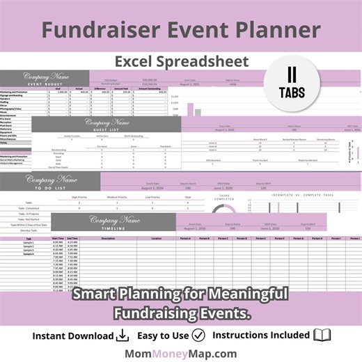 Fundraiser Event Planner Excel Spreadsheet Template in Purple, Event Planning for Charities and Fundraisings, Fundraising Tool,events & Gala - Etsy