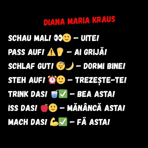 Aici găsești comenzi simple (imperative), expresii de zi cu zi: 🔹 „Komm her!”, „Warte mal!”, „Mach schnell!” – înveți să le folosești natural ca un vorbitor nativ! ⛔️ „Viel Spaß!” nu este un imperativ, ci o urare („Multă distracție!”). Dar e des folosită în același context cu imperativele — ca expresie scurtă și prietenoasă de încurajare cu sensul de "Distreaza-te!". #startgermana #deutschlernen #germanacudianamariakraus #deutschmitdianamariakraus #limbagermanapentruromani | Limba germana pentr