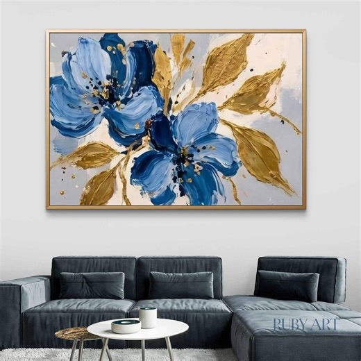 Original Cobalt Blue Gold Floral Oil Painting | Impasto Botanical Wall Art Canvas - Etsy