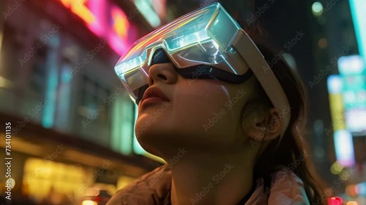 Woman wear modern virtual devise. Mixed reality headset. Digital spatial computer. Girl VR glasses walk city street. High tech vision. Futuristic future concept. Technology innovation. Life simulation