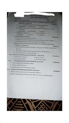 📚 11th Commerce unit test 1 Qn Paper for practice! #Class112 #SP #PracticePaper #ChassyNotes