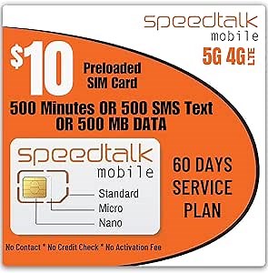 SpeedTalk Mobile SIM Card Kit for Smart Phones & Cellphones | $10 Prepaid Plan - 500 SMS Texts OR 500 Minutes OR 500 MB 5G 4G LTE Data | 3-in-1 Standard Micro Nano size | 60 Days USA Wireless Coverage