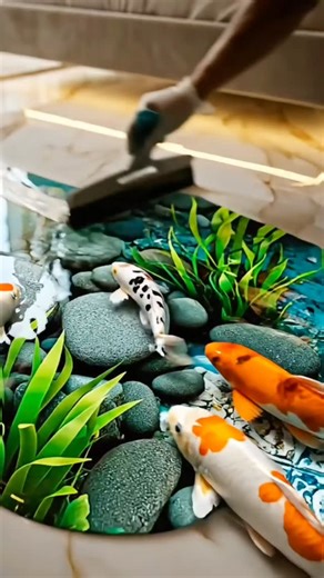 Sarah's Creativity on Instagram: "Koisphere 🎏Circular Koi Pond Bedroom by Sarah’s Creativity Description: A bedroom where koi circle beneath your steps. Designed by Sarah’s Creativity, this luxurious retreat features a large circular koi pond integrated into the floor, filled with clear water, colorful fish, lily pads, and blooming pink lotus flowers. Minimalist furniture in neutral tones, a spacious bed with beige bedding, and floor-to-ceiling windows balance modern elegance with natural artis