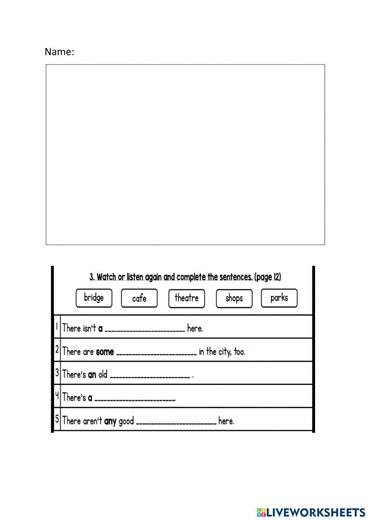 English Plus 1 Unit 1Towns and Cities Exercise 2&3 page 12 worksheet