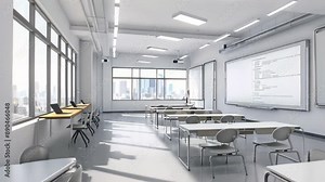 Modern classroom with rows of desks facing a whiteboard, city views through large windows. Setup facilitates easy teacher-student interaction