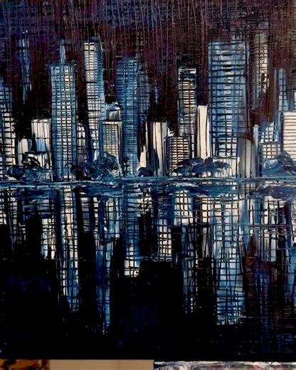 Paul Roberts on Instagram: "New! “Evening Reflections”, 30x48”.i built this painting, with a paint knife and hard work - just like the original city (nyc) was built. It’s meant to be vague so it can really be LA, Miami or any city on water that reflects its image. Oils on canvas, available, dm for more info."