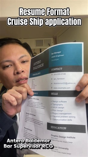 Resume Format example #CruiseShipJobs #TrabahoSaBarko #CruiseShipLife #RoyalCaribbeanJobs #OFWLife #FilipinoSeafarer #HospitalityJobs #BartenderPH #BaristaPH #SeafarerDream | Antero Baldemor