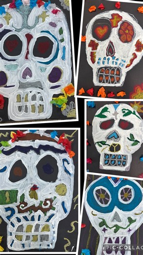 Colorful skulls for DAY OF THE DEAD Celebration! Oil pastels on black paper, white paint and tissue paper for the flowers. 💕 So fun! . . . #dayofthedead #díadelosmuertos #balckpaper #artclasses #artlessons #artbykids #iloveartstudio #smallbusiness #artclassesforkids #funart #artstudioforkids #kidsart #artforkids #celebrations #houstonart | I Love Art Studio