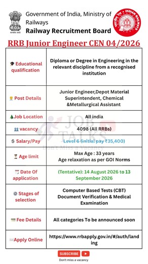 RRB JE 2026 🚆 4098 Vacancies | Salary ₹35,400 | No.1 Govt Job 🔥 Full Details #jobtalks4u #shorts