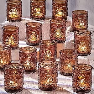 DARJEN Amber Votive Candle Holders Set of 36- Glass Candle Holders Bulk for Flameless LED Tea Waxes, Vintage Candle Holder for Wedding & Home Table Decor, Vintage Parties
