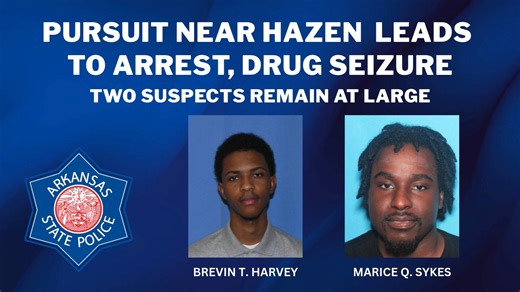 Arkansas State Police is actively searching for two suspects who fled on foot after a vehicle pursuit ended along Interstate 40 near Hazen early Wednesday morning. Anyone with information about the fugitive suspects’ whereabouts should call ASP Troop D at (870) 970-6071 or 911. Read more here: https://dps.arkansas.gov/news/pursuit-near-hazen-leads-to-arrest-drug-seizure/ | Arkansas State Police