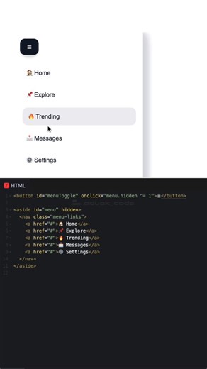 Aduok Code on Instagram: "Sidebar Toggle Menu in HTML CSS 🔥 Learn how to create a CSS-only sidebar toggle menu using HTML + CSS with a smooth slide-in animation — no JavaScript needed! Perfect for responsive navigation menus, hamburger menu UI, and beginner web development projects. #html #css #webdevelopment #frontend #coding aduok aduokcode"