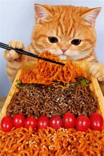 Cute Orange Cat Eats Spicy Noodles 😻🔥 #cutecat #cateating #kawaii #viral