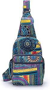 Coton Pose Women sling bag Elephant canvas large boho backpacks bohemian Crossbody Bag (green purple)