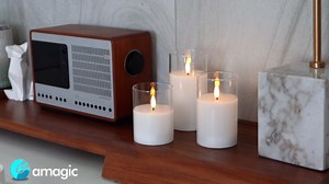 Amagic Clear Glass Flameless Candles Battery Operated with Timer, Remote Control, LED Pillar Candles, Battery Powered, Pure White Wax, Set of 3