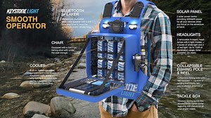 Keystone Light vest keeps your beer cold and includes a chair, speaker, rod and tackle box