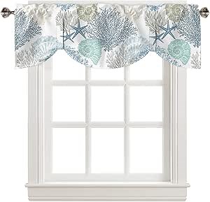 Tie Up Valance for Windows Nautical Coastal Ocean Coral Curtains Valances Rod Pocket Valance Window Treatments Beach Themed Blue Teal Balloon Curtains for Kitchen Living Room Bedroom Bathroom 42x12