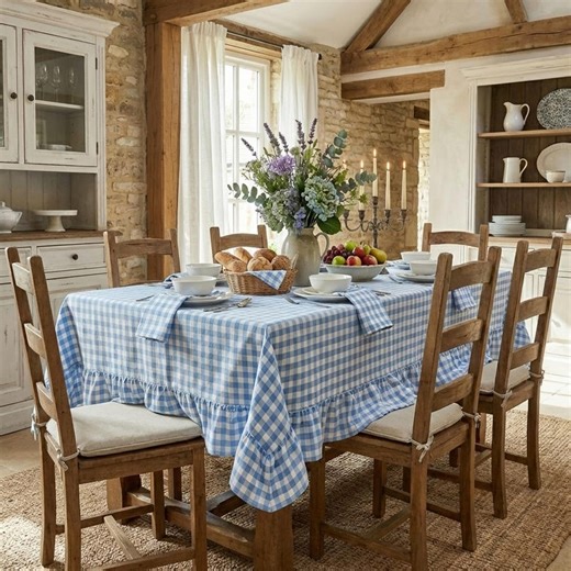 Blue Gingham Ruffle Tablecloth: Custom Size French Country Checkered Table Cloth With Ruffled Edges - Etsy
