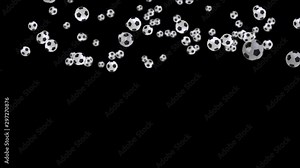 European soccer football balls floating sideways in a top border on a black background