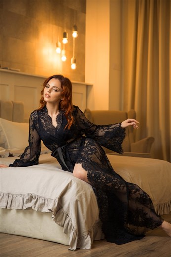 Black Lace Robe Long Flower Boudoir Kimono Sheer Robe Transparent Peignoir - Etsy