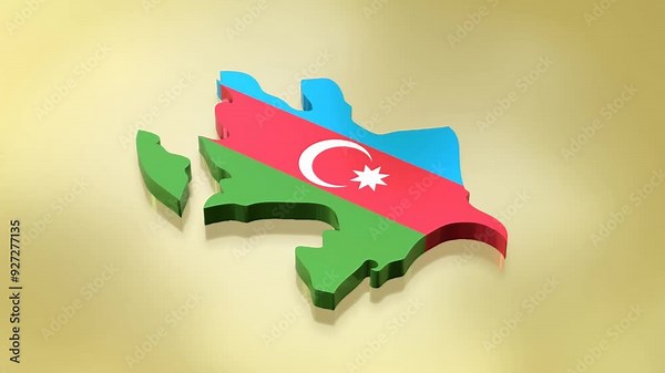 A 3D rotating map of Azerbaijan on a yellow background. The country's borders are illustrated with the Azerbaijan flag texture, using a luma matte effect
