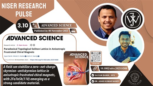 NISER on Instagram: "𝗥𝗲𝘀𝗲𝗮𝗿𝗰𝗵 𝗣𝘂𝗹𝘀𝗲 𝟯.𝟭𝟬: Published in Advanced Science, a study led by Dr. Ashis Kumar Nandy, along with his student Mr. Sayan Banik from the School of Physical Sciences, NISER, and collaborator from other institute, reports the discovery of a stable skyrmion–antiskyrmion lattice in a 2D chiral magnet. While skyrmions and antiskyrmions usually cannot coexist for long due to mutual annihilation, the team shows that competing anisotropic interactions allow them to 