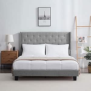 Hearth & Harbor Full Size Wingback Bed Frame with Headboard - Linen Platform, Button-Tufted Upholstered, Modern Double Bedframe, Box Spring Required, Silver