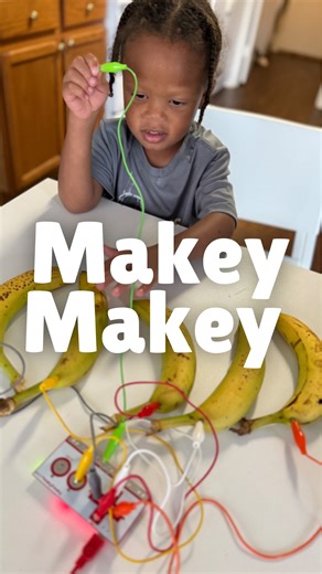 Lauren| Homeschool Mom on Instagram: "Comment “Makey” and I’ll send you the link! This is Makey Makey. It’s an invention kit that lets kids turn everyday objects into touchpads connected to the computer. Bananas, coins, foil, playdough, even people can become part of an experiment. We tested what in our house was conductive, then turned bananas into a piano, and finally made a human circuit where touching my husband set off a buzzer. Our minds were blown. Why does this matter? Because it makes k