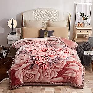 Mink Blankets, Korean Heavy Fleece Plush 78x90 inch 2 Ply Mink Blankets with Peony Pattern 7.7lbs Queen Soft Cozy Raschel Blanket for Autumn Winter (Bean Paste)