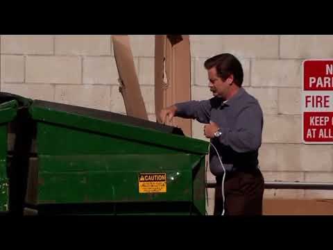Ron Swanson throws computer in the garbage