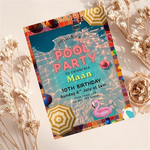 Kids Pool Party Birthday Invitation, Swim Party Invite, Editable Canva Template, Instant Download - Etsy