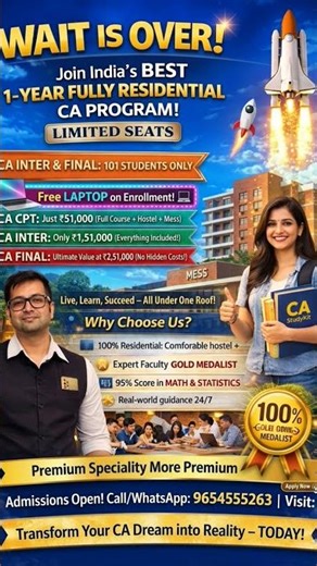1YEAR FULLY RESIDENTIAL COURSE HOSTEL+MESS CA CPT 51,000/-CA INTER =l 1,51,000/-CA FINAL 2,51,000/-