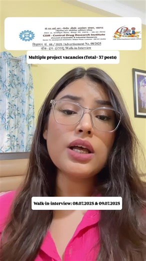 Gunjan Sharma| AIIMS Delhi on Instagram: "Walk-in-interview for engagement of Project Staff under different Projects are to be held in CSIR-CDRI, Lucknow. Walk-In- Interview for position code 001 to 013 will be held on 08.07.2025 and for the position code 014 to 023 will be held on 09.07.2025 from 09:00 am onwards in the area of Chemical Sciences & Life Sciences #applynow #positions #vacncy #career #opportunity"