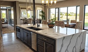 Modern Kitchen with Marble Island and Open Layout with ai generated.