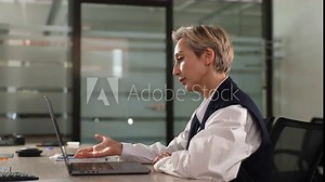 Side view of successful middle-aged business woman distance teacher, coach, talking by video conference call giving web training, live webinar, virtual counseling chat zoom meeting on laptop.