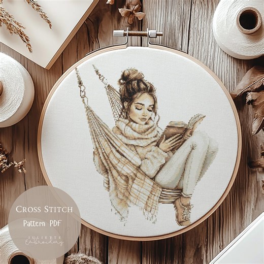 Woman Reading Cross Stitch Pattern | Modern Embroidery Design (PDF) 194 - Etsy