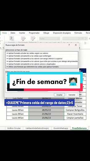 ¿Ya sabías identificar los fines de semana usando formato condicional? 🧑🏻‍💻🔥. No olvides compartir. #excel_learning #learnontiktok #learnwithtiktok #exceltutorial #loaprendientiktok #aprendeentiktok #exceltricks #excelpro #exceltips #tutorial