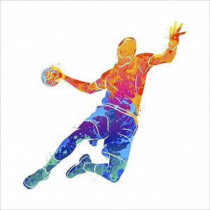 Download Abstract handball player jumping with the ball from splash of watercolors. Vector illustration of paints for free