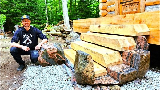 Hand cut timber stairs made of stone outsider cabin build. | Wright