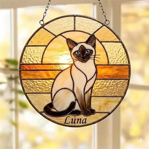 Custom Handmade Stained Glass Cat Suncatcher, Sunset Siamese Cat Window Hanging, Round Cat Glass Window Decor, Gift for Cat Lovers - Etsy