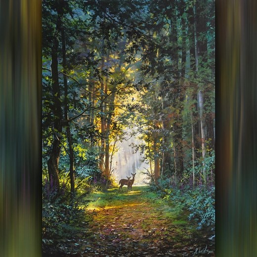 🎨 Artist - Viktor Yushkevich on Instagram: ""Animal World" Artist - Viktor Yushkevich. #120 Good day dear friends! I want to share with you the writing of a new painting called "Animal World". The picture is painted with acrylics on canvas. The format of the painting is 60x90 cm. If you want to buy this painting, write to me at my mail UVN.Art@outlook.com The painting depicts a beautiful road in a natural paradise, passing through the middle of a slender, chaotic colonnade of tree trunks. Unusu