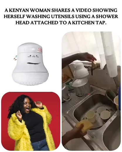 Nairobi_Juice on Instagram: "A Kenyan woman posts a video showing herself washing utensils using a shower head attached to a kitchen tap 🎥: gunners254"