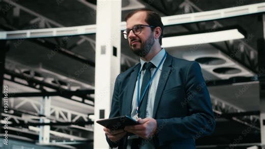 Software developer in data center using tablet and AR tech to monitor error logs, debugging systems. System administrator in server hub running diagnostics on blue wireframe mesh rigs