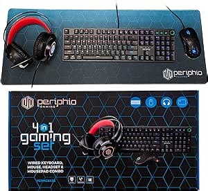 Periphio Gaming 4 in 1 Bundle - RGB Mechanical Gaming Keyboard, Gaming Mouse 10,000 DPI, USB 7.1 Surround Gaming Headset & XL Mousepad Combo for Windows PC/Mac Gamers (Black)