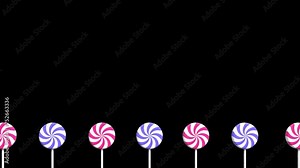 Spiral lollipop animation. Lollipop on stick animation. Striped twisted candy. Move to the left and rotate. Copy space. Seamless 3D animation. Transparent background with alpha channel