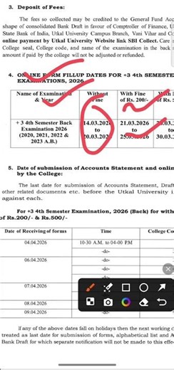 UG Fourth Semester Back Exam Form fill up datelines Utkal University 2026