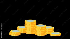 Animation golden with silver coin drop, Cartoon golden coins falling in stacks.