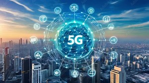 5G network concept. Illustration of a globe with the 5G logo and icons representing different industries and technologies. Stock Video