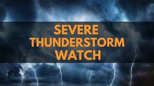 Severe thunderstorm watch issued as strong storms loom. Slight tornado risk.